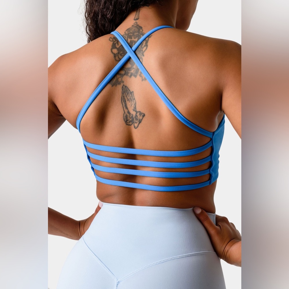 Kamo Fitness Iris Strappy Sports Bra Glass Blue Backless Crop Top Yoga Gym